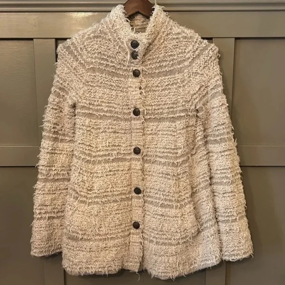 Free People Shaggy Knit Sweater Coat Ivory Gray Stripe Button Front Size XS